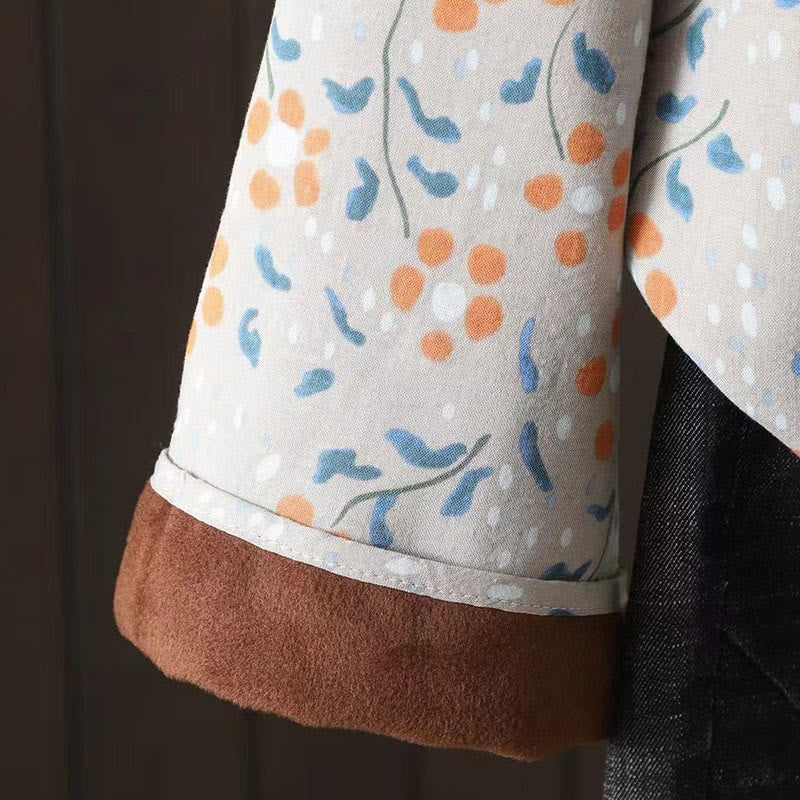Camicia da donna in cotone a maniche lunghe con colletto rialzato, bottoni a rana, Buddha Stones, fiori invernali, foglie verdi - Image 19