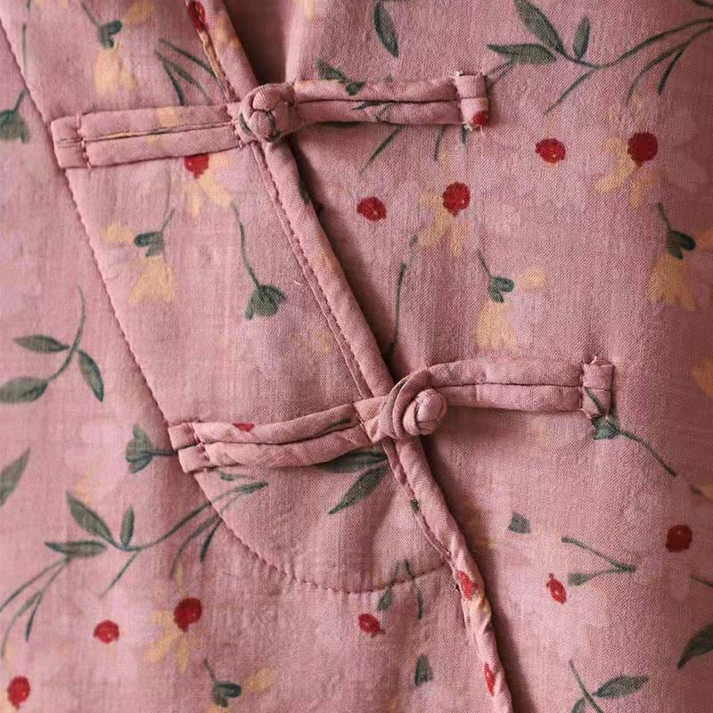 Camicia da donna in cotone a maniche lunghe con colletto rialzato, bottoni a rana, Buddha Stones, fiori invernali, foglie verdi - Image 8