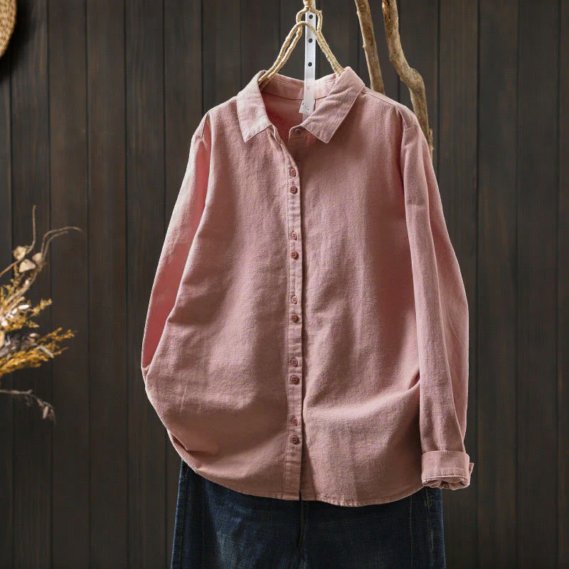Camicia da donna in cotone a maniche lunghe con colletto rialzato e bottoni in tinta unita, Buddha Stones Fall - Image 3
