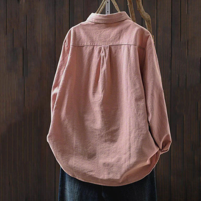 Camicia da donna in cotone a maniche lunghe con colletto rialzato e bottoni in tinta unita, Buddha Stones Fall - Image 5