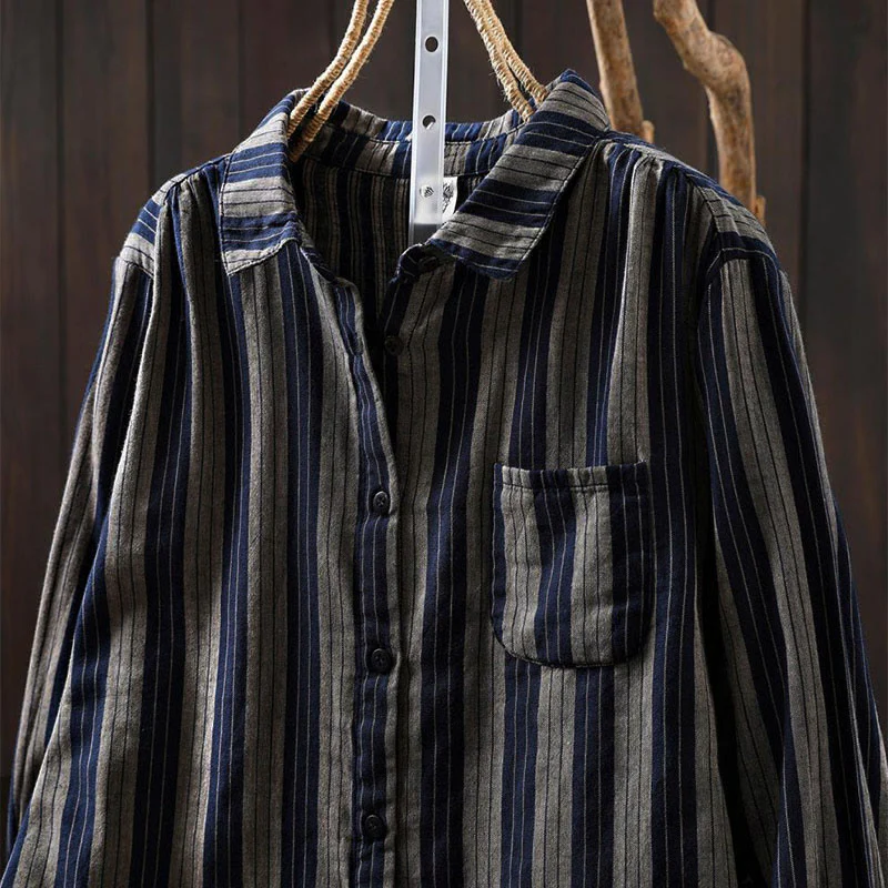 Camicia da donna in cotone a maniche lunghe con colletto rialzato e righe verticali autunnali Buddha Stones - Image 29