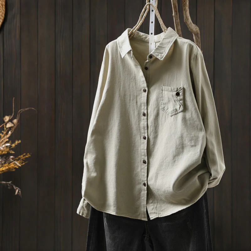 Camicia da donna in cotone a maniche lunghe con colletto rialzato, motivo Buddha Stones Fall Button Down Pocket Decor Design - Image 15