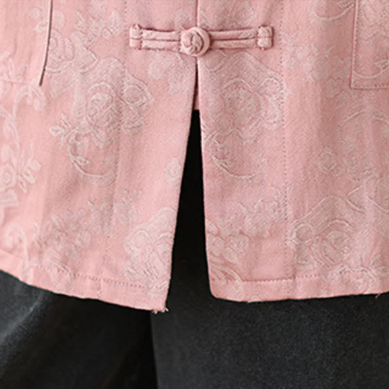 Camicia da donna in cotone a maniche lunghe con colletto rialzato, stampa floreale autunnale Buddha Stones, bottoni a rana - Image 10