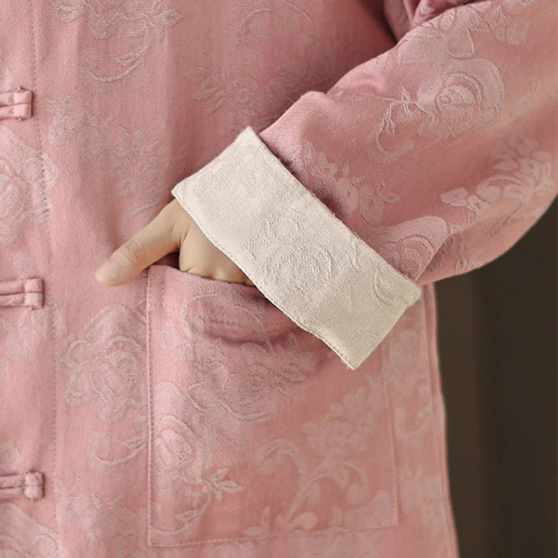 Camicia da donna in cotone a maniche lunghe con colletto rialzato, stampa floreale autunnale Buddha Stones, bottoni a rana - Image 12