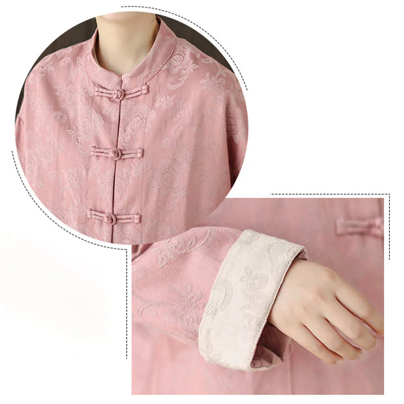 Camicia da donna in cotone a maniche lunghe con colletto rialzato, stampa floreale autunnale Buddha Stones, bottoni a rana - Image 14