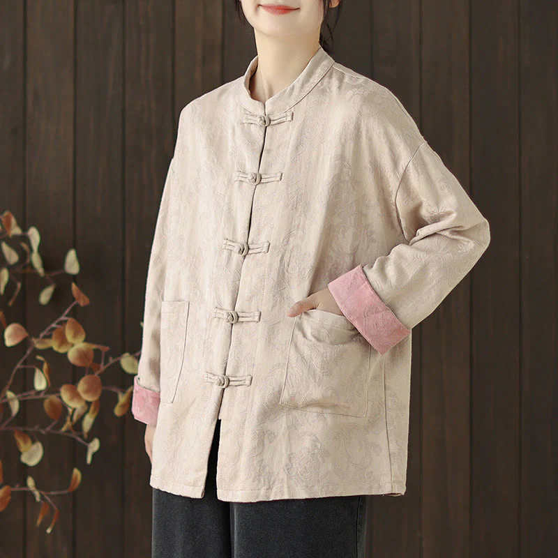 Camicia da donna in cotone a maniche lunghe con colletto rialzato, stampa floreale autunnale Buddha Stones, bottoni a rana - Image 15