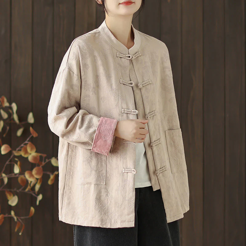 Camicia da donna in cotone a maniche lunghe con colletto rialzato, stampa floreale autunnale Buddha Stones, bottoni a rana - Image 16