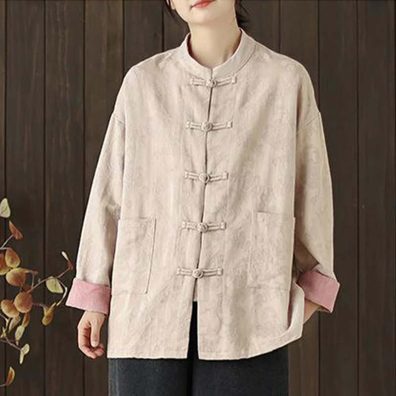 Camicia da donna in cotone a maniche lunghe con colletto rialzato, stampa floreale autunnale Buddha Stones, bottoni a rana - Image 17
