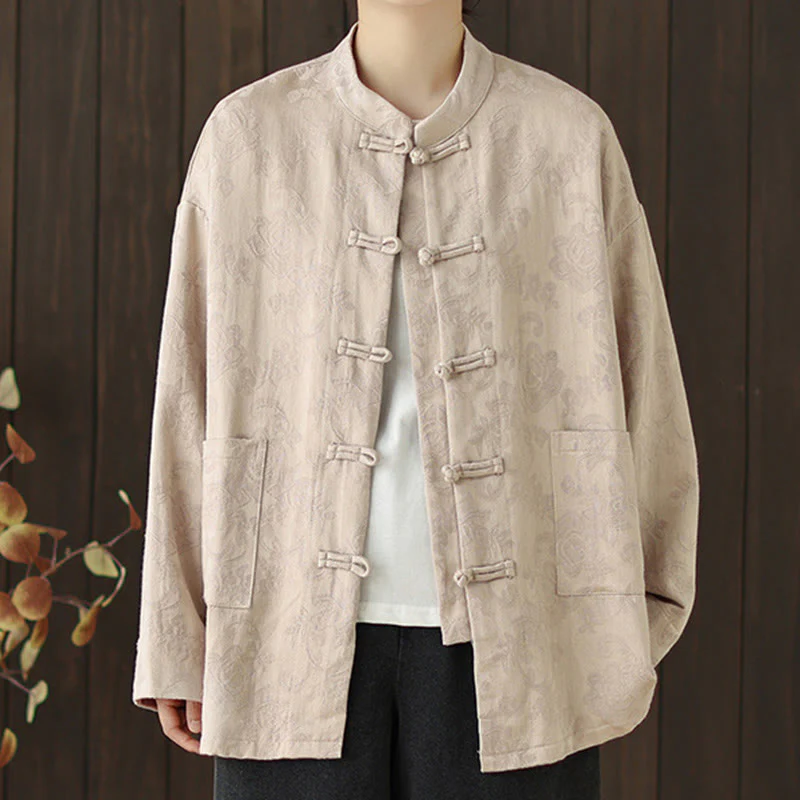 Camicia da donna in cotone a maniche lunghe con colletto rialzato, stampa floreale autunnale Buddha Stones, bottoni a rana - Image 18