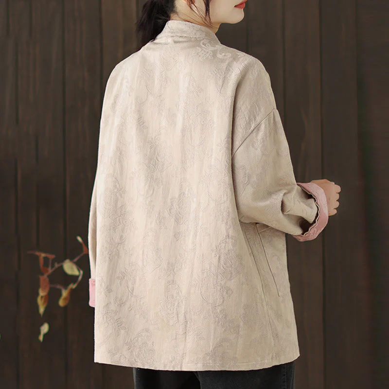 Camicia da donna in cotone a maniche lunghe con colletto rialzato, stampa floreale autunnale Buddha Stones, bottoni a rana - Image 19