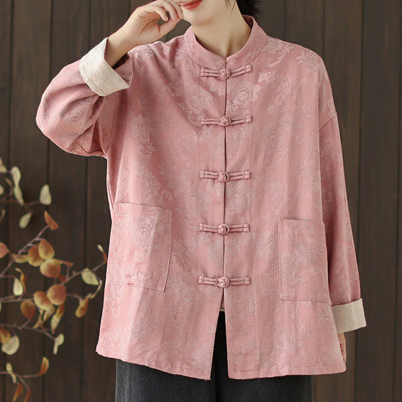 Camicia da donna in cotone a maniche lunghe con colletto rialzato, stampa floreale autunnale Buddha Stones, bottoni a rana - Image 2