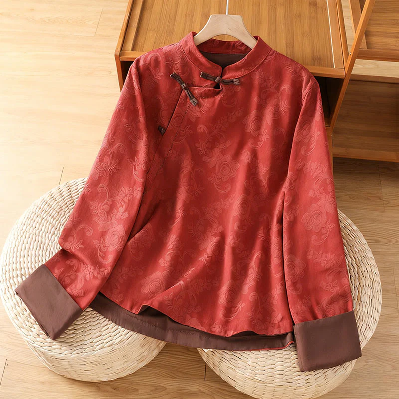 Camicia da donna in cotone a maniche lunghe con colletto rialzato, stampa floreale jacquard autunnale Buddha Stones con bottoni a rana