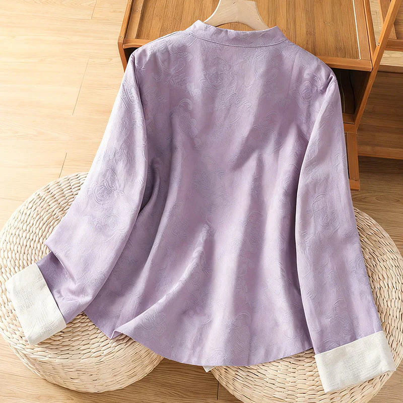 Camicia da donna in cotone a maniche lunghe con colletto rialzato, stampa floreale jacquard autunnale Buddha Stones con bottoni a rana - Image 10