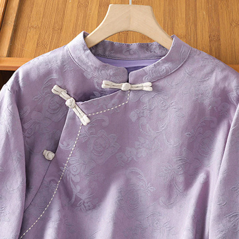 Camicia da donna in cotone a maniche lunghe con colletto rialzato, stampa floreale jacquard autunnale Buddha Stones con bottoni a rana - Image 11