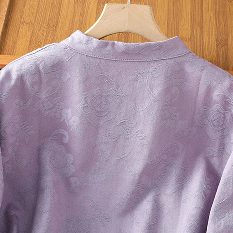 Camicia da donna in cotone a maniche lunghe con colletto rialzato, stampa floreale jacquard autunnale Buddha Stones con bottoni a rana - Image 12