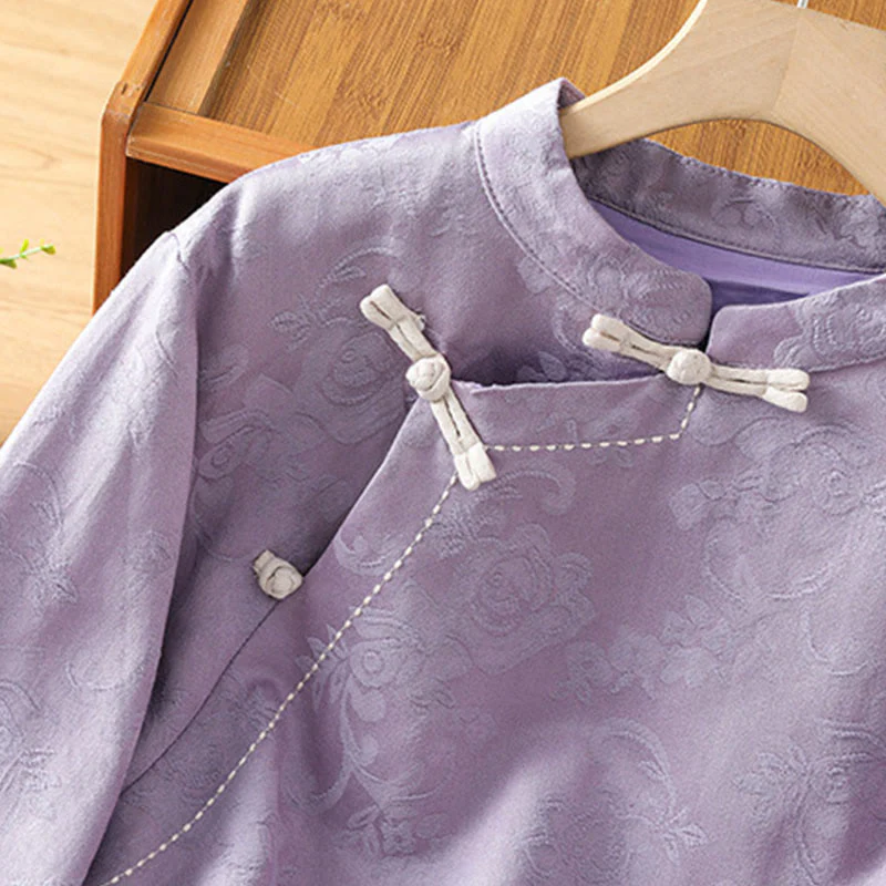 Camicia da donna in cotone a maniche lunghe con colletto rialzato, stampa floreale jacquard autunnale Buddha Stones con bottoni a rana - Image 13