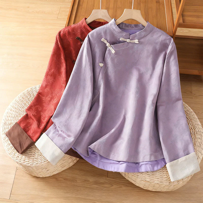 Camicia da donna in cotone a maniche lunghe con colletto rialzato, stampa floreale jacquard autunnale Buddha Stones con bottoni a rana - Image 16