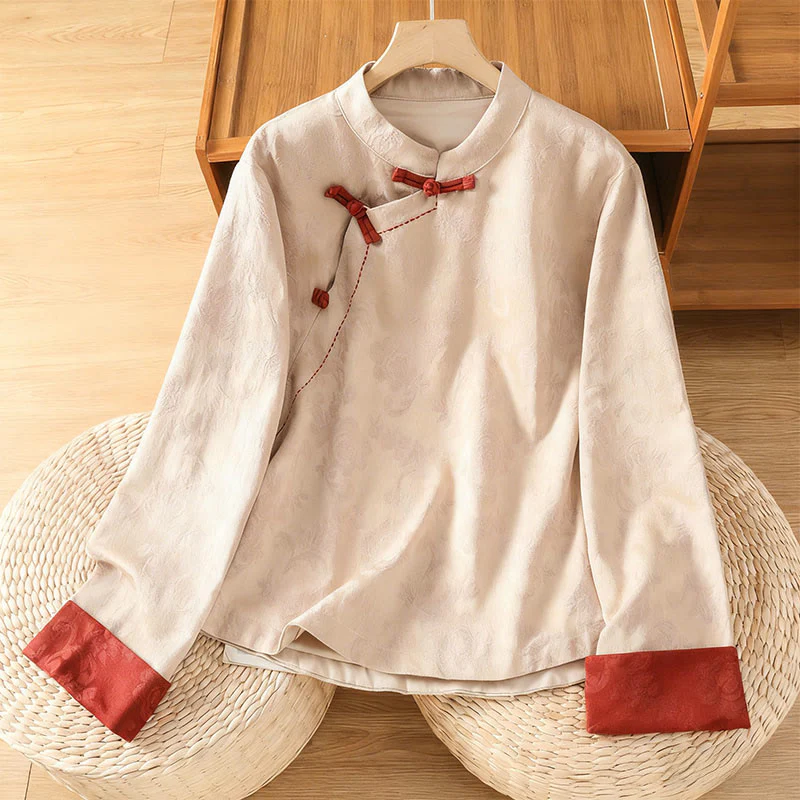 Camicia da donna in cotone a maniche lunghe con colletto rialzato, stampa floreale jacquard autunnale Buddha Stones con bottoni a rana - Image 17