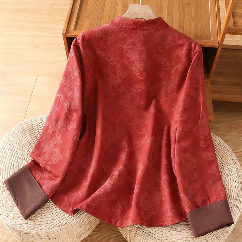 Camicia da donna in cotone a maniche lunghe con colletto rialzato, stampa floreale jacquard autunnale Buddha Stones con bottoni a rana - Image 2