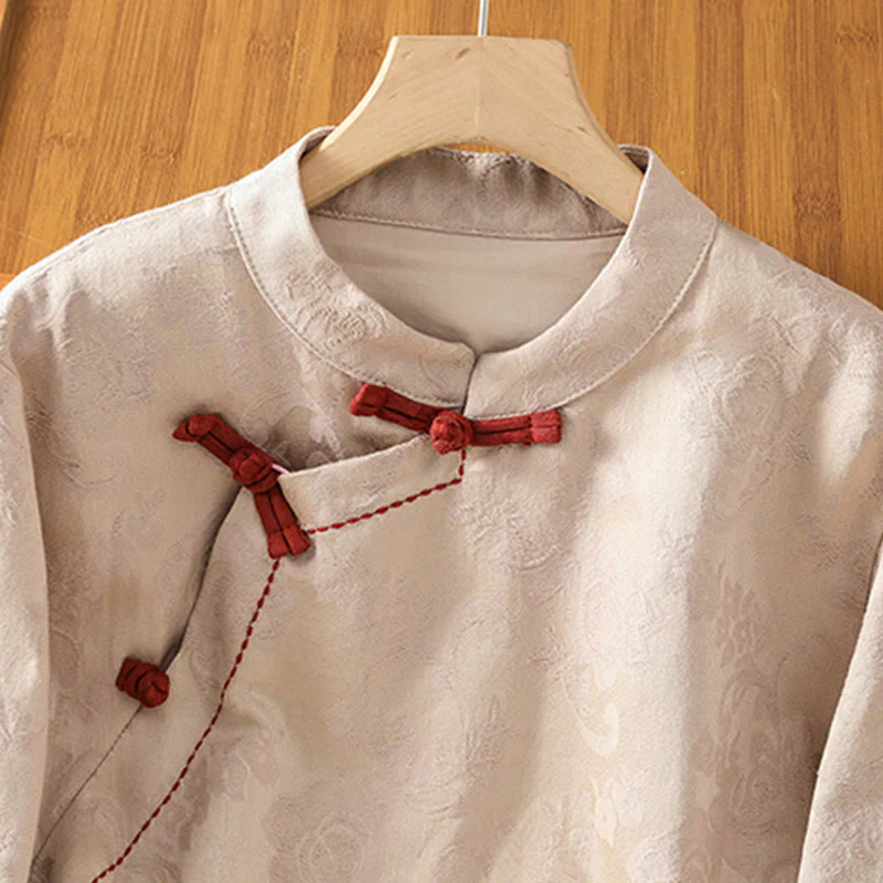 Camicia da donna in cotone a maniche lunghe con colletto rialzato, stampa floreale jacquard autunnale Buddha Stones con bottoni a rana - Image 20