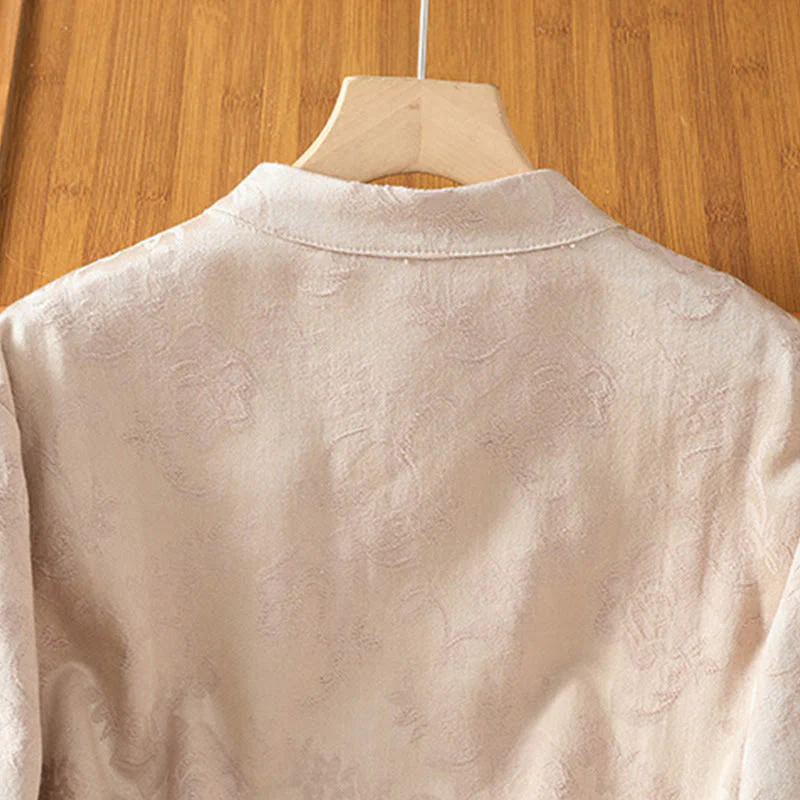 Camicia da donna in cotone a maniche lunghe con colletto rialzato, stampa floreale jacquard autunnale Buddha Stones con bottoni a rana - Image 21