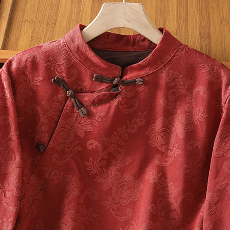 Camicia da donna in cotone a maniche lunghe con colletto rialzato, stampa floreale jacquard autunnale Buddha Stones con bottoni a rana - Image 3