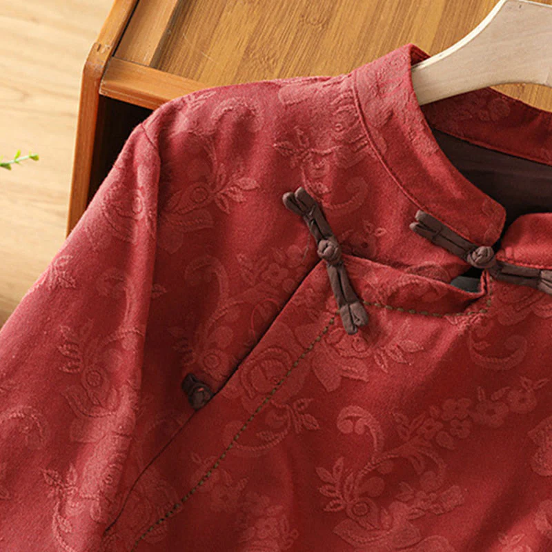 Camicia da donna in cotone a maniche lunghe con colletto rialzato, stampa floreale jacquard autunnale Buddha Stones con bottoni a rana - Image 5
