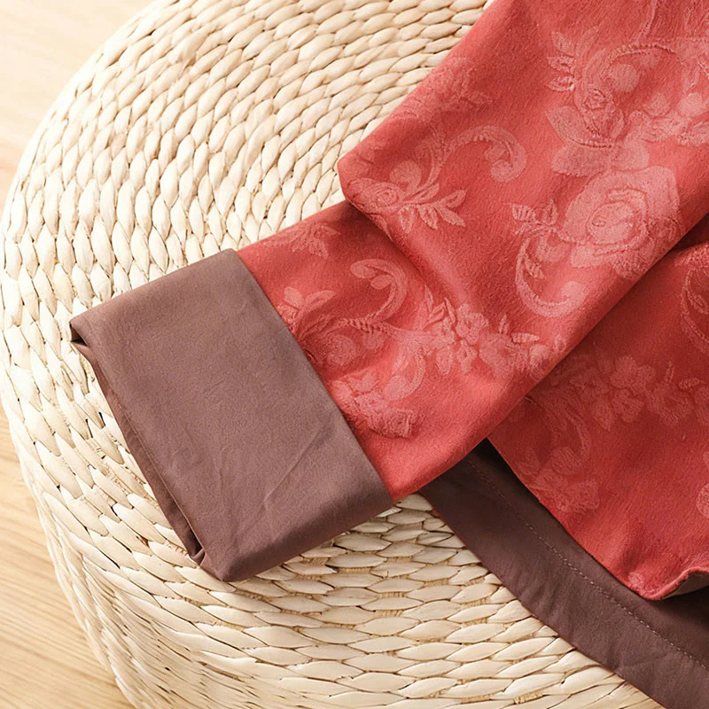 Camicia da donna in cotone a maniche lunghe con colletto rialzato, stampa floreale jacquard autunnale Buddha Stones con bottoni a rana - Image 7