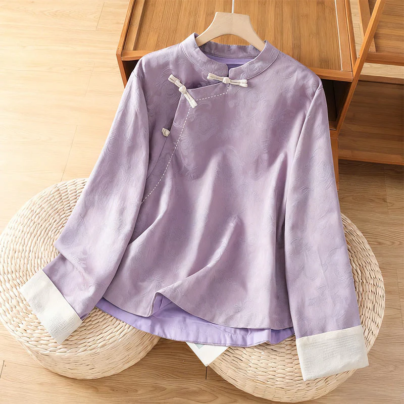 Camicia da donna in cotone a maniche lunghe con colletto rialzato, stampa floreale jacquard autunnale Buddha Stones con bottoni a rana - Image 9