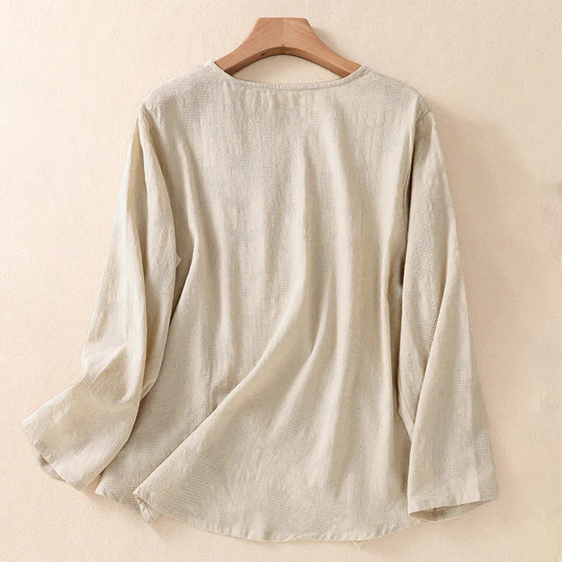 Camicia da donna in cotone a maniche lunghe con motivo a pieghe e orlo irregolare in jacquard Buddha Stones - Image 27