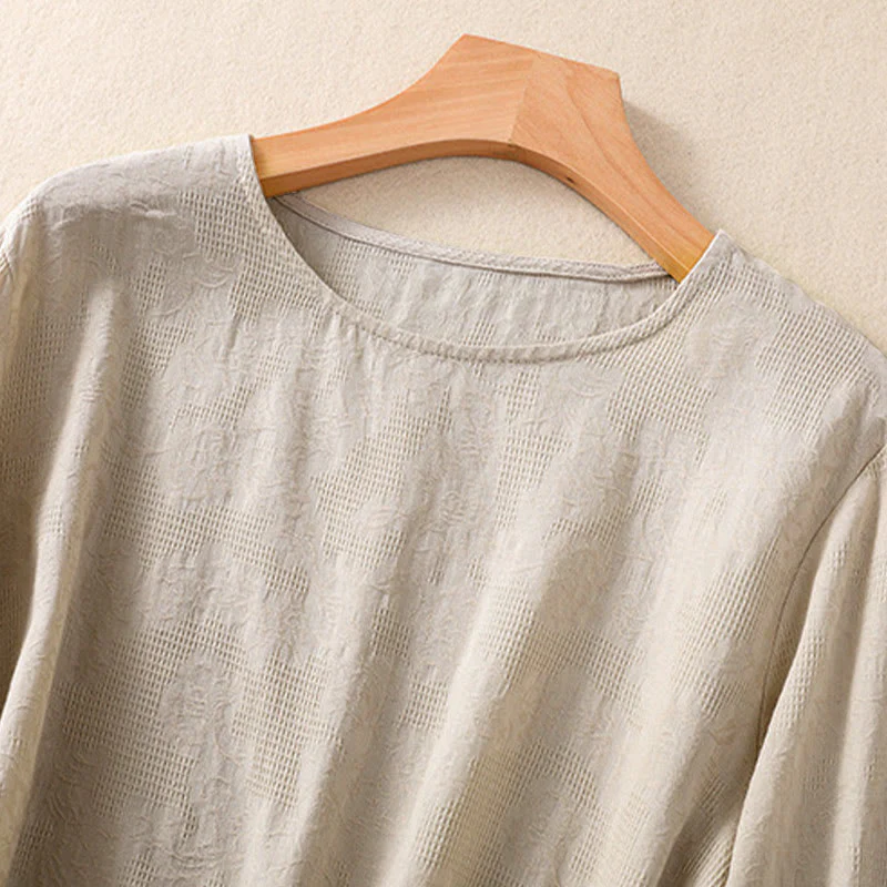 Camicia da donna in cotone a maniche lunghe con motivo a pieghe e orlo irregolare in jacquard Buddha Stones - Image 28