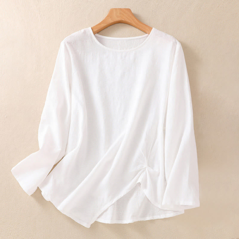 Camicia da donna in cotone a maniche lunghe con motivo a pieghe e orlo irregolare in jacquard Buddha Stones - Image 9