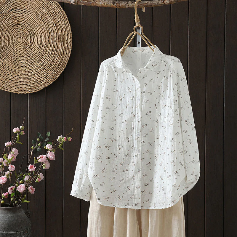 Camicia da donna in cotone a maniche lunghe con piccoli bottoni e motivo floreale autunnale Buddha Stones - Image 12