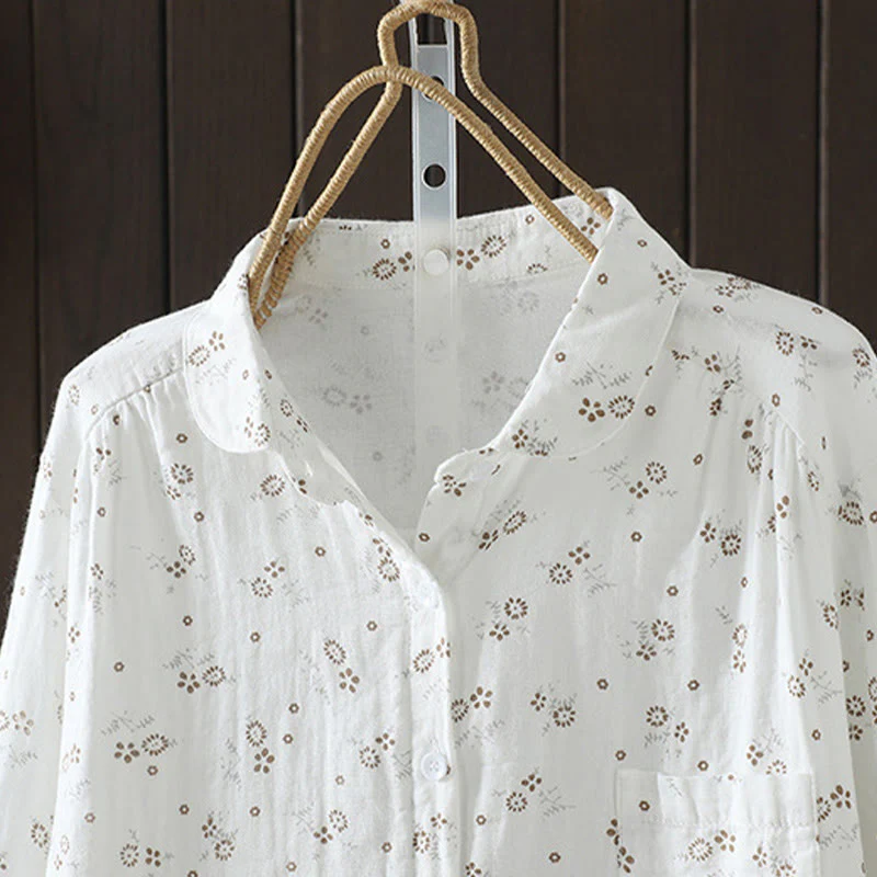 Camicia da donna in cotone a maniche lunghe con piccoli bottoni e motivo floreale autunnale Buddha Stones - Image 13