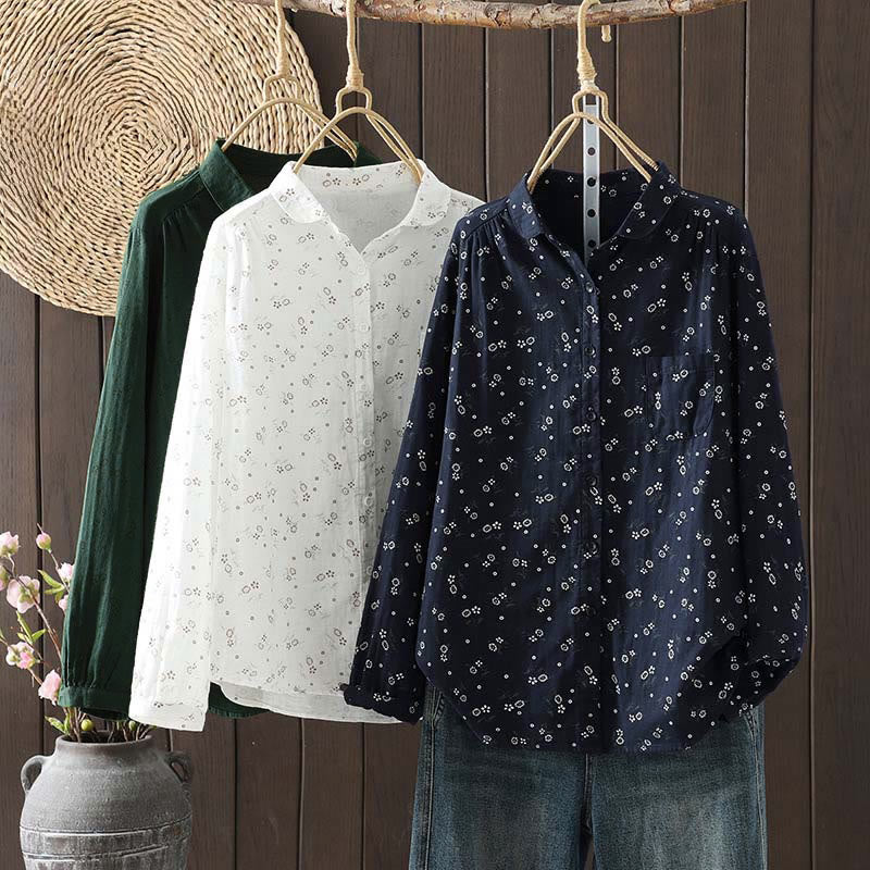 Camicia da donna in cotone a maniche lunghe con piccoli bottoni e motivo floreale autunnale Buddha Stones - Image 2