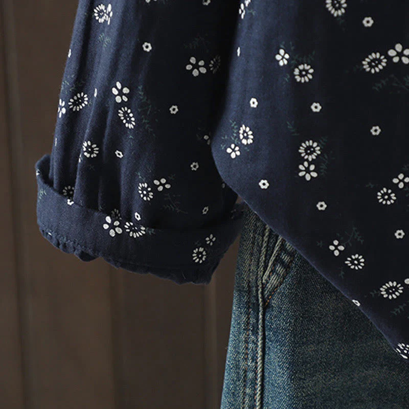 Camicia da donna in cotone a maniche lunghe con piccoli bottoni e motivo floreale autunnale Buddha Stones - Image 8