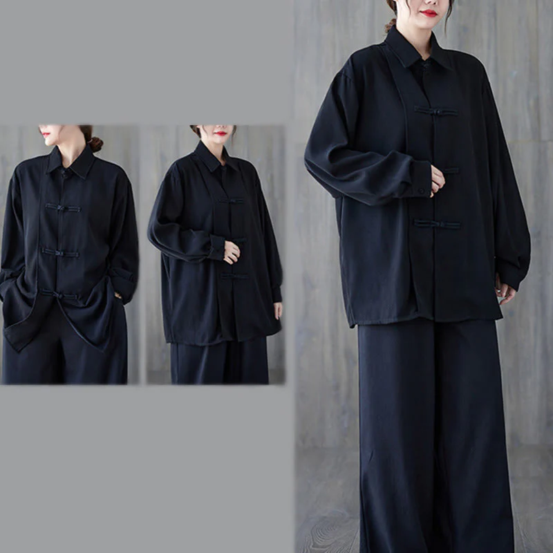 Camicia da donna in cotone a maniche lunghe con risvolto e bottoni a rana, tinta unita, Buddha Stones, nera - Image 7