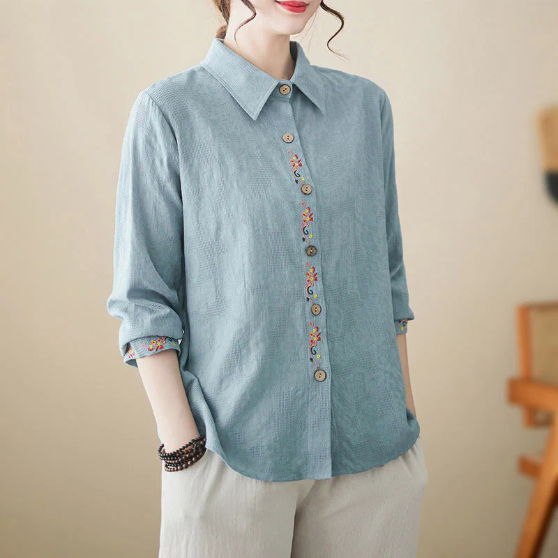 Camicia da donna in cotone con risvolto, a maniche lunghe, con motivo floreale ricamato, motivo Buddha Stones Spring
