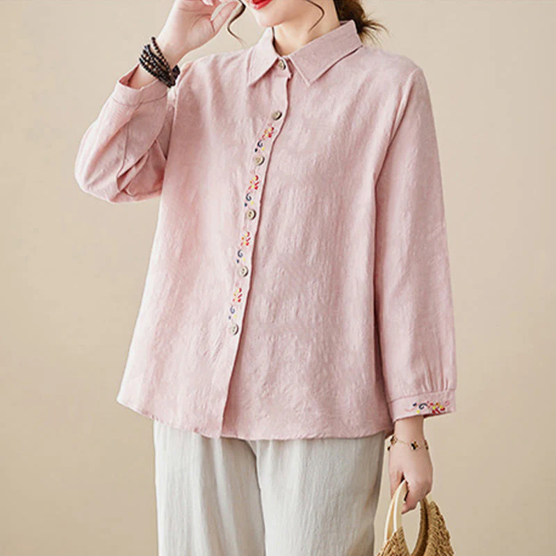 Camicia da donna in cotone con risvolto, a maniche lunghe, con motivo floreale ricamato, motivo Buddha Stones Spring - Image 10