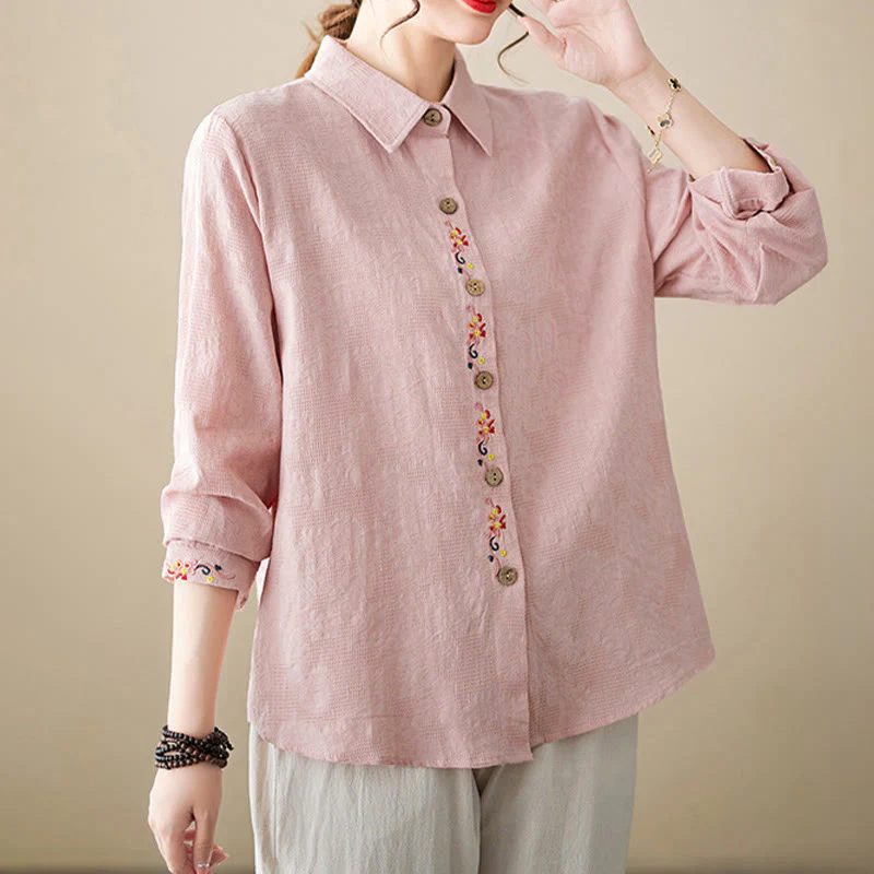 Camicia da donna in cotone con risvolto, a maniche lunghe, con motivo floreale ricamato, motivo Buddha Stones Spring - Image 11
