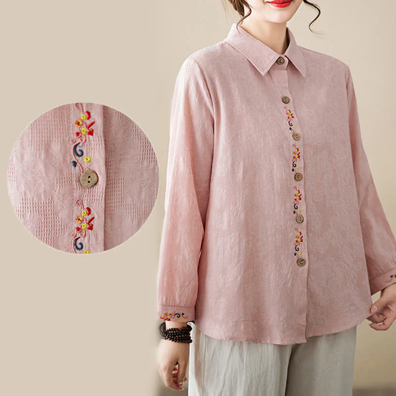 Camicia da donna in cotone con risvolto, a maniche lunghe, con motivo floreale ricamato, motivo Buddha Stones Spring - Image 12