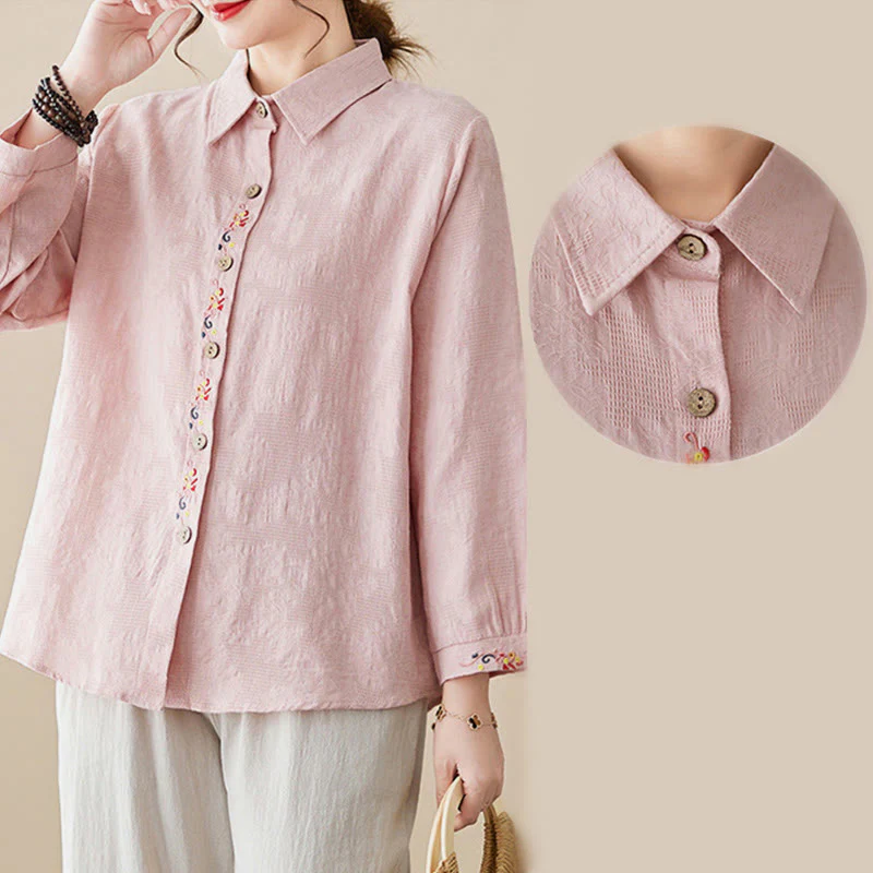 Camicia da donna in cotone con risvolto, a maniche lunghe, con motivo floreale ricamato, motivo Buddha Stones Spring - Image 13