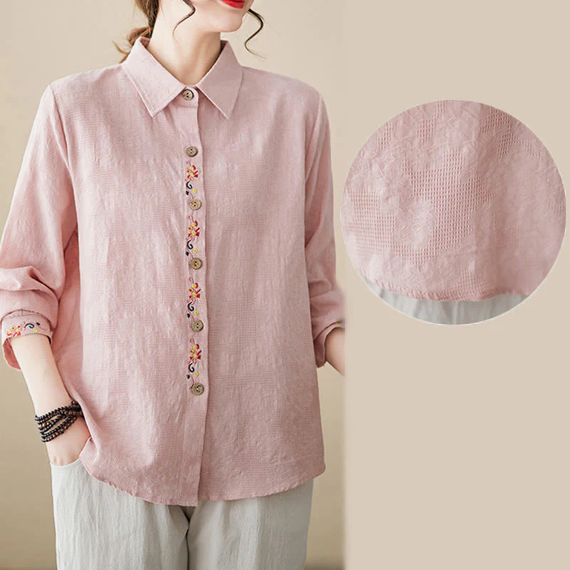 Camicia da donna in cotone con risvolto, a maniche lunghe, con motivo floreale ricamato, motivo Buddha Stones Spring - Image 14