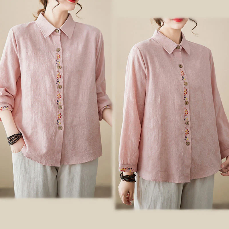 Camicia da donna in cotone con risvolto, a maniche lunghe, con motivo floreale ricamato, motivo Buddha Stones Spring - Image 15