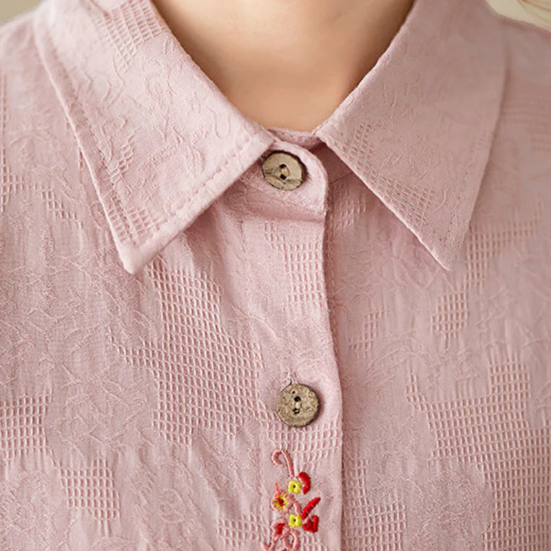 Camicia da donna in cotone con risvolto, a maniche lunghe, con motivo floreale ricamato, motivo Buddha Stones Spring - Image 16