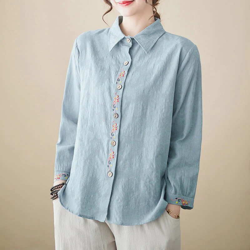 Camicia da donna in cotone con risvolto, a maniche lunghe, con motivo floreale ricamato, motivo Buddha Stones Spring - Image 2