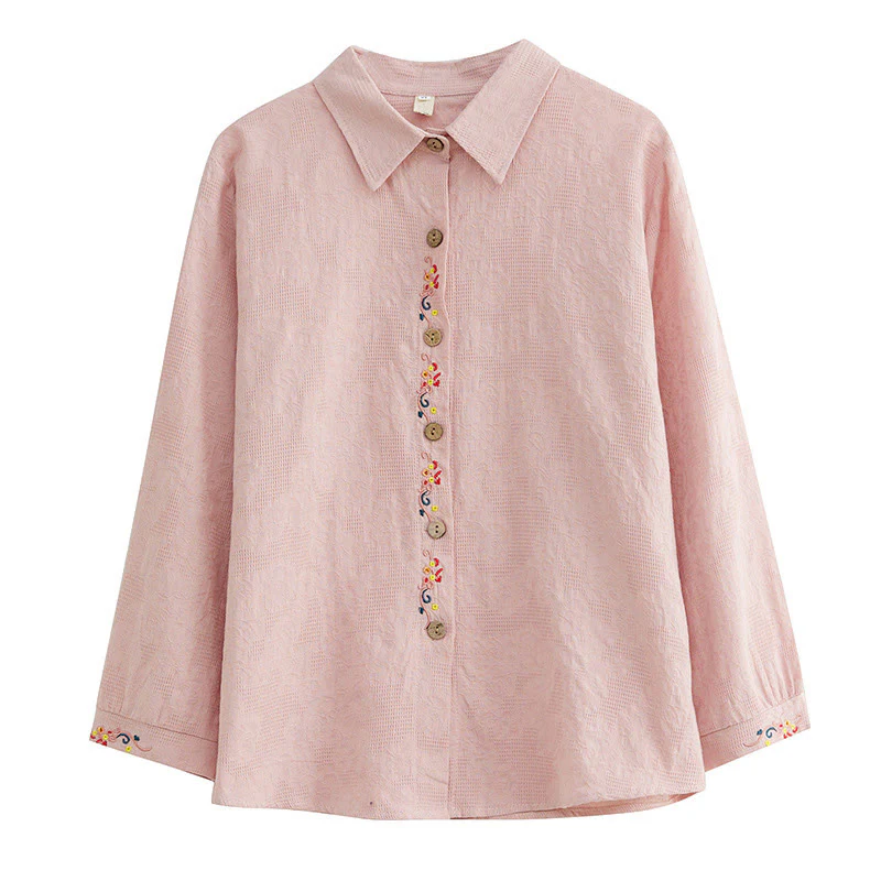 Camicia da donna in cotone con risvolto, a maniche lunghe, con motivo floreale ricamato, motivo Buddha Stones Spring - Image 23