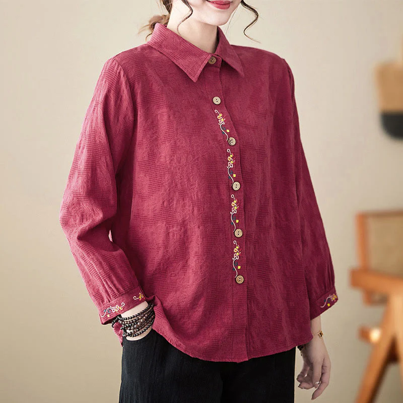Camicia da donna in cotone con risvolto, a maniche lunghe, con motivo floreale ricamato, motivo Buddha Stones Spring - Image 24