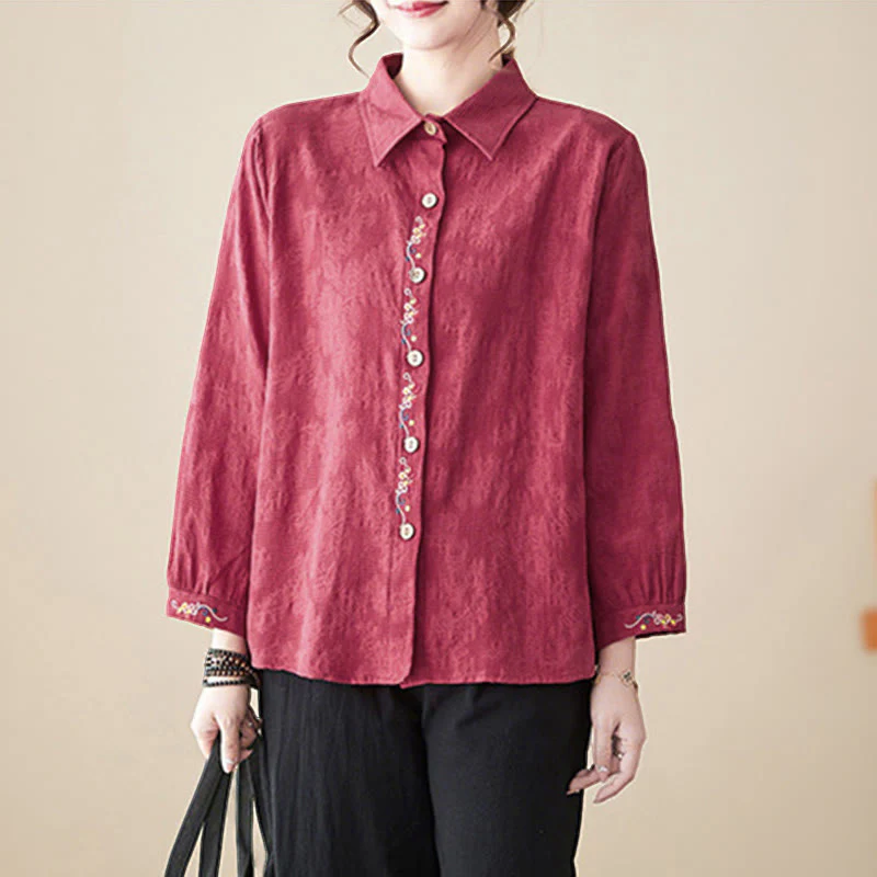 Camicia da donna in cotone con risvolto, a maniche lunghe, con motivo floreale ricamato, motivo Buddha Stones Spring - Image 25