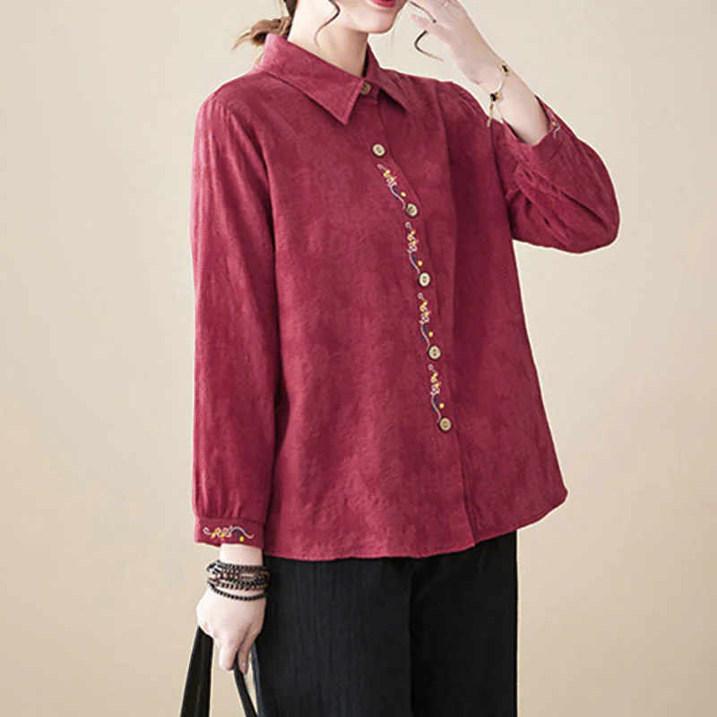 Camicia da donna in cotone con risvolto, a maniche lunghe, con motivo floreale ricamato, motivo Buddha Stones Spring - Image 26